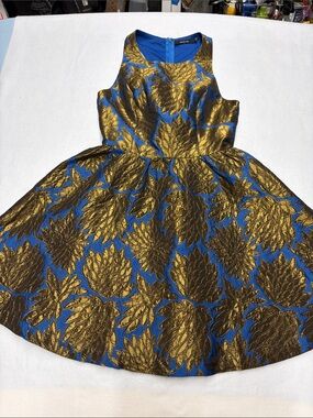 Ark & Co Blue and Gold Floral Jacquard Fit-and-Flare Open Back Dress